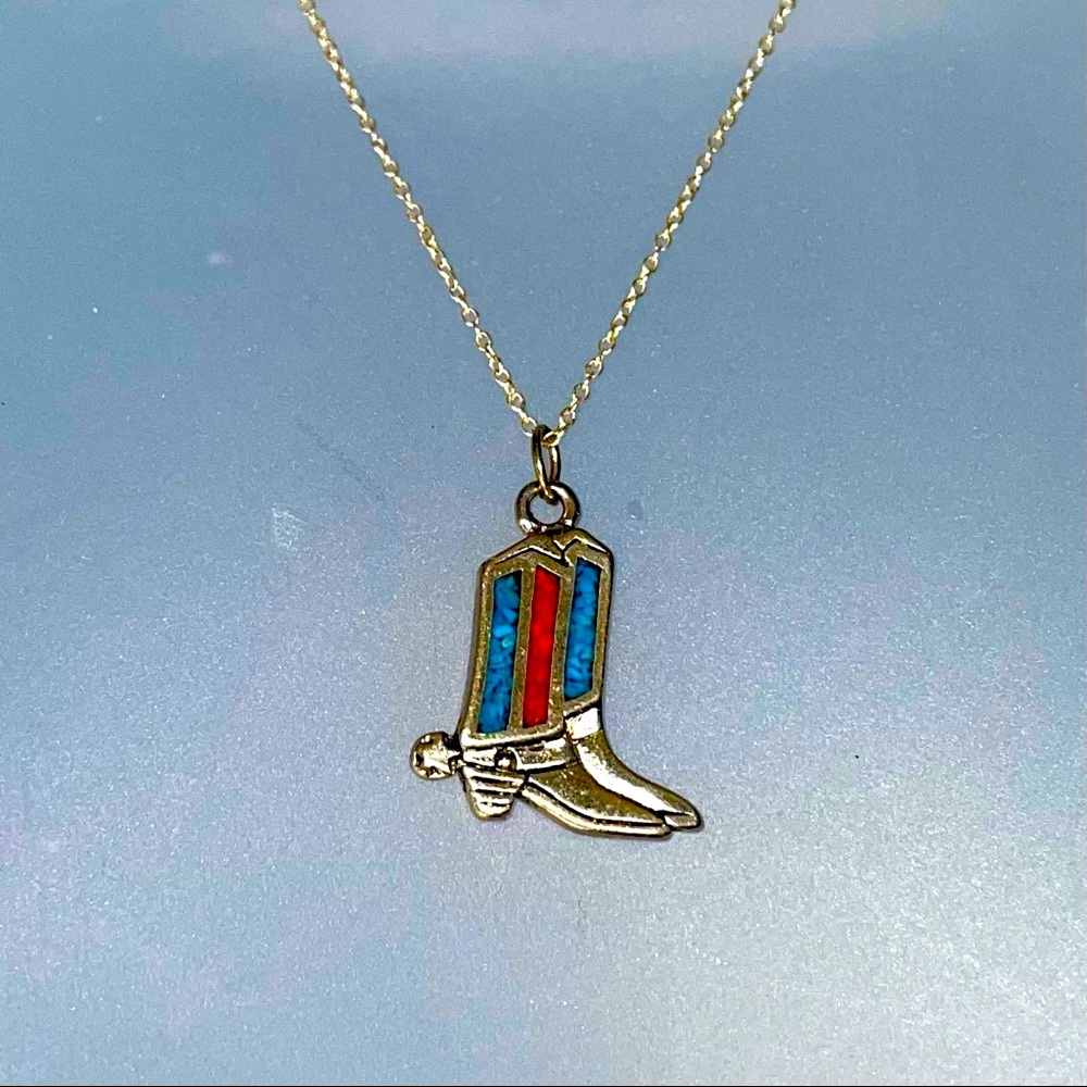 2-sided sterling, coral, turquoise cowboy boots pendant necklace, sterling chain